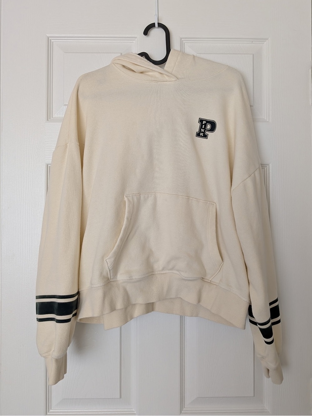 PINK Victoria's Secret Cream Crewneck Hoodie with Velvet Green Stripe Accents